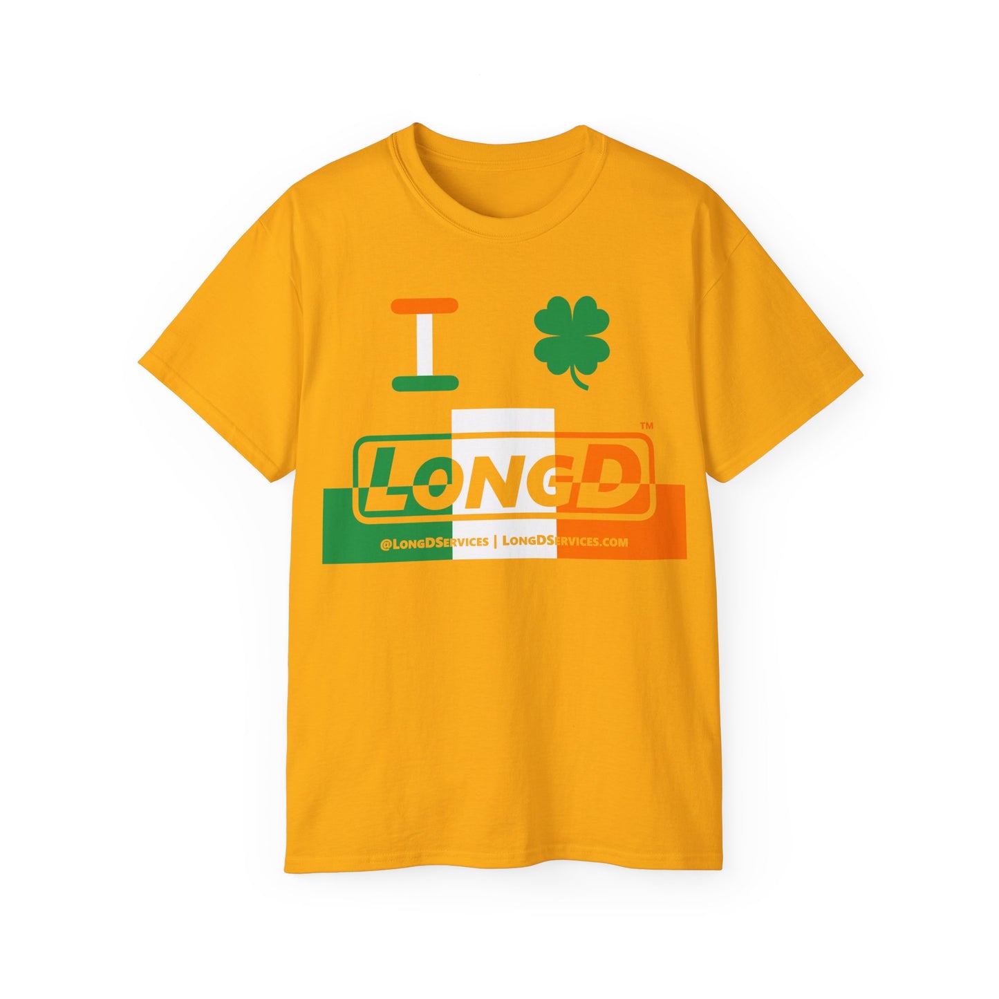 I Clover LongD® Logo Cotton Tee (St. Patrick's Day -Irish Green, White and Irish Orange thirds top-bottom outer positive-negative split with 4-leaf clover)