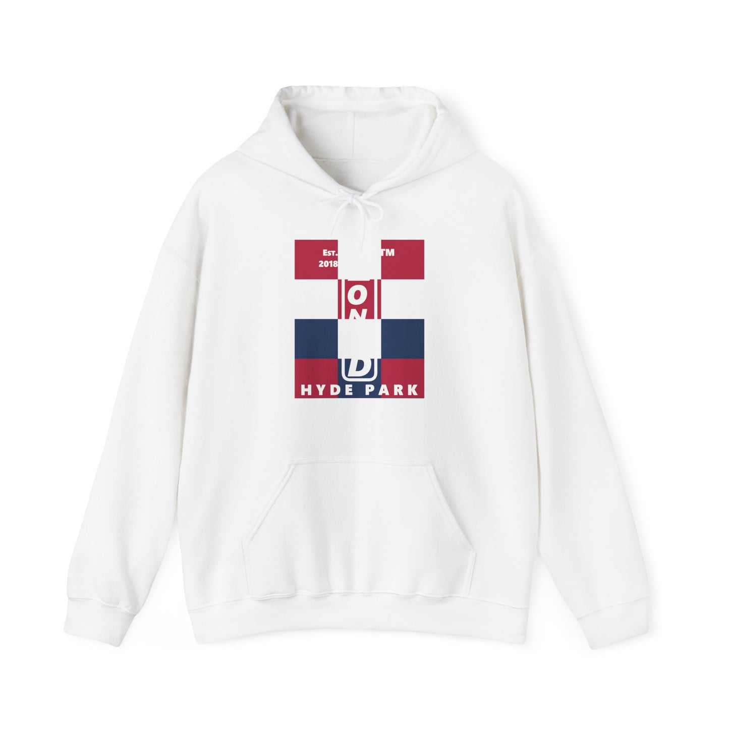 LongD® negative 4x3 upright Hyde Park logo hoodie (Patriotic colors)