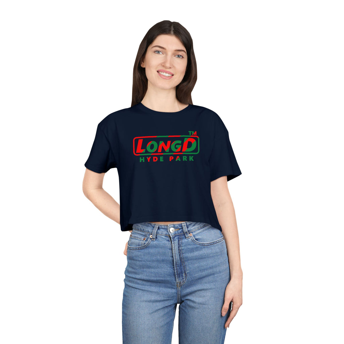 LongD Hyde Park positive pixel-weighted 6-striped logo (Xmas colors) crop tee