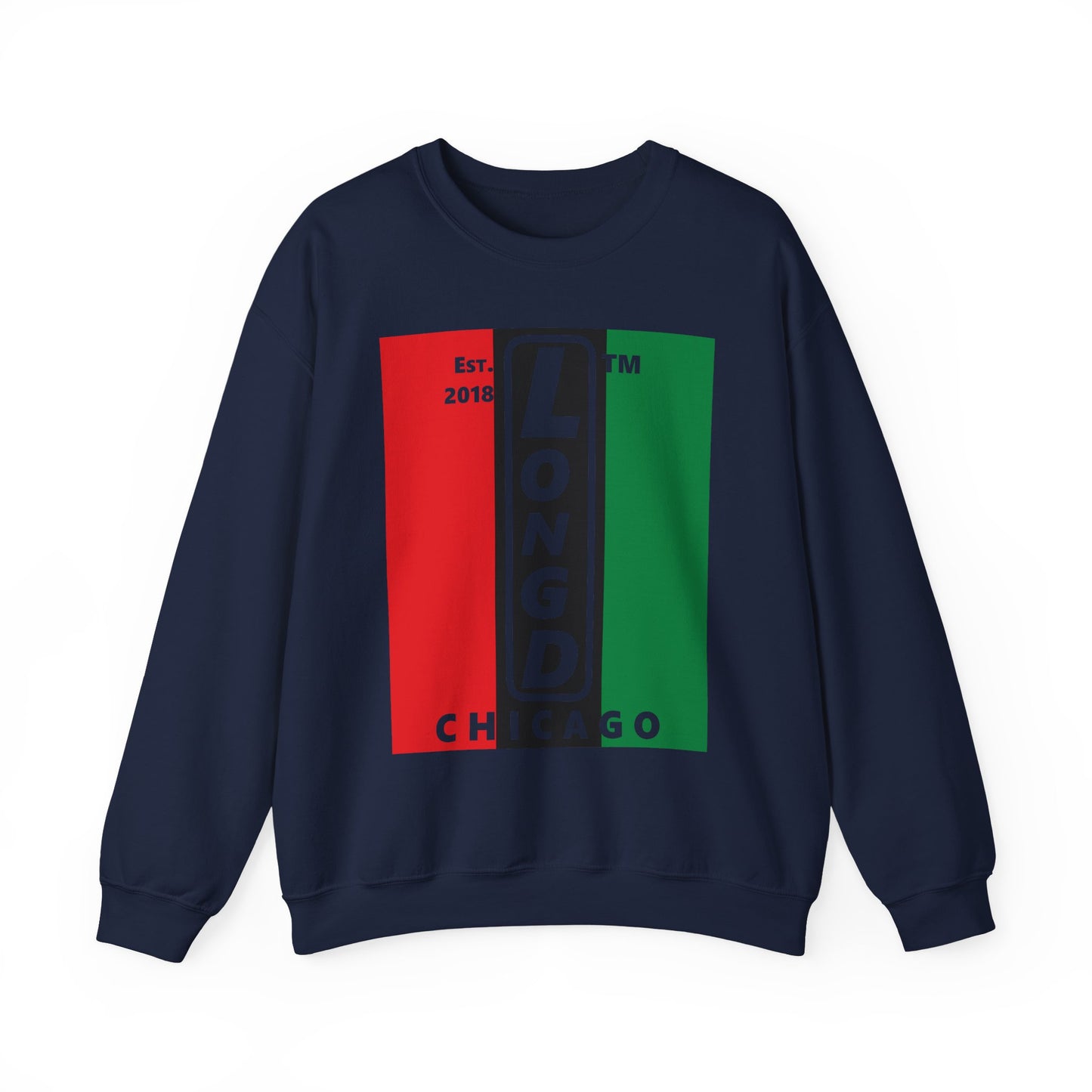 LongD negative vertical 3-striped Chicago upright logo crewneck sweatshirt (Juneteenth colors)
