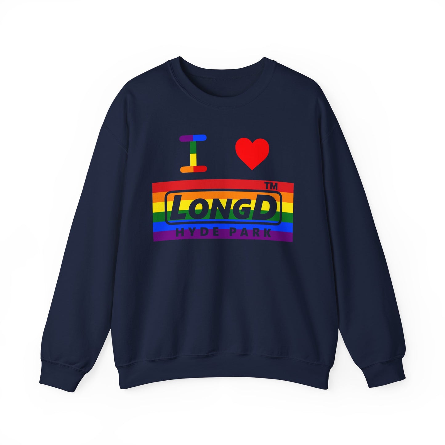 I Luv LongD negative horizontal striped Hyde Park logo crewneck sweatshirt (Pride colors)