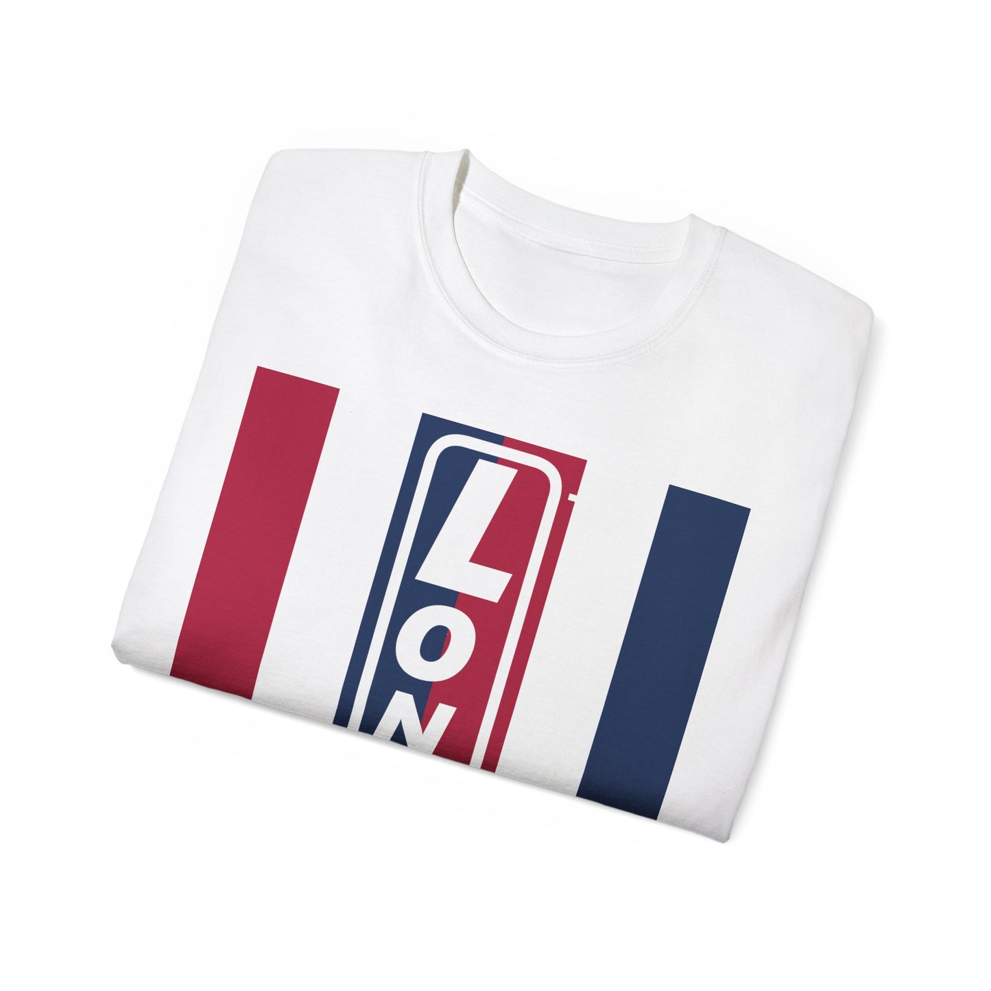 LongD cotton tee negative vertical 6-striped Chicago upright logo (Patriotic colors)