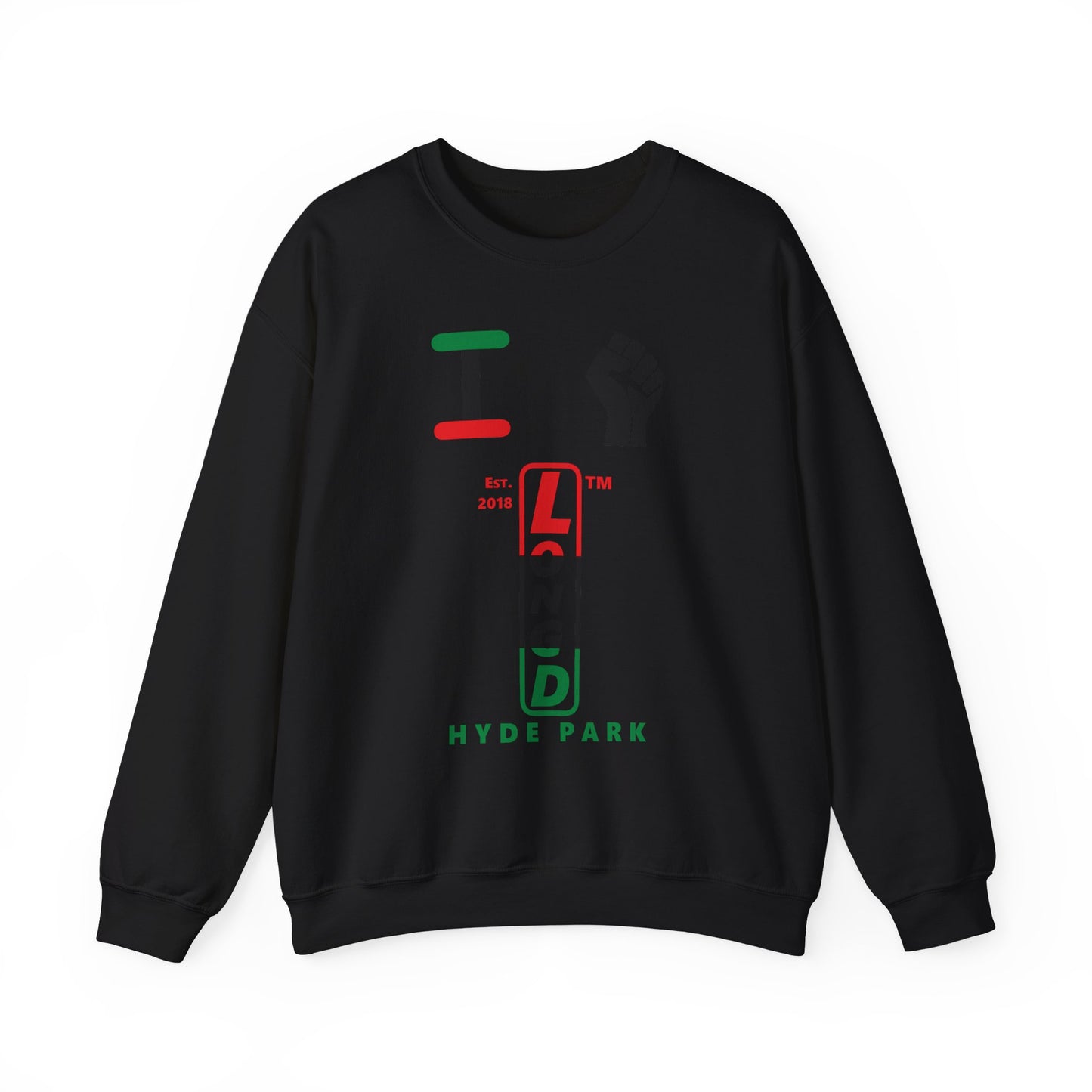 I Fist LongD positive horizontal 3-striped Hyde Park upright logo crewneck sweatshirt
