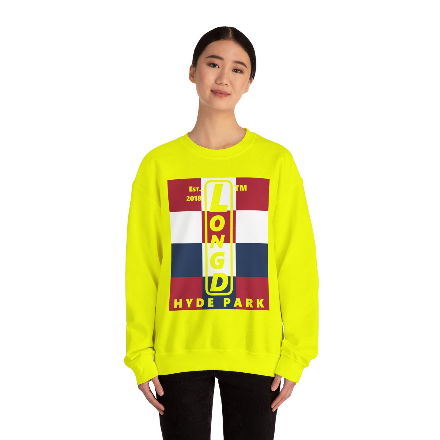 LongD negative 4x3 Hyde Park upright logo crewneck sweatshirt (patriotic colors)