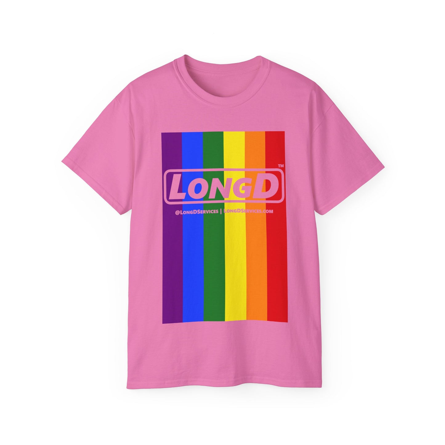 LongD® Logo Cotton Tee Pride rainbow vertical flag negative text