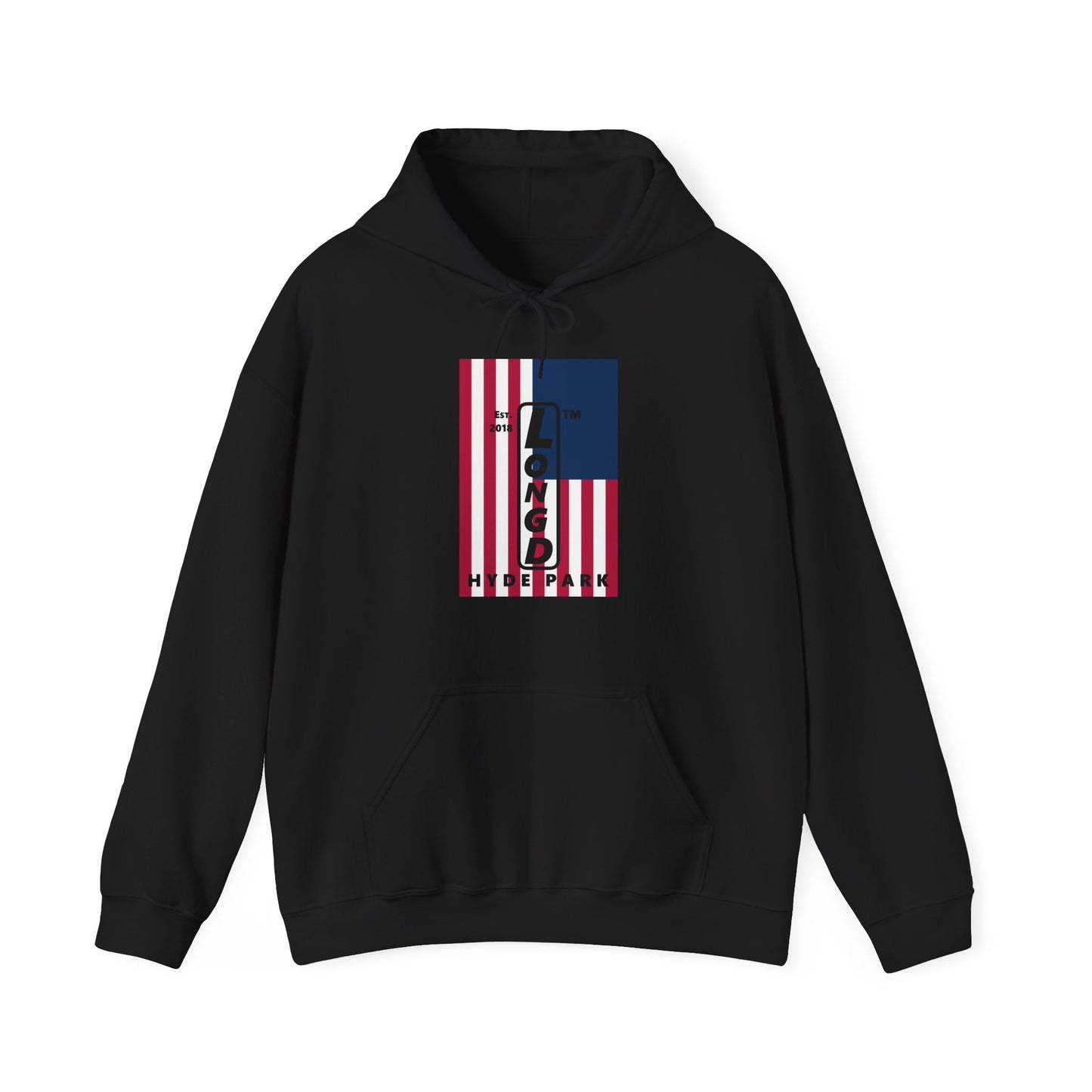 LongD® negative cropped flag upright Hyde Park logo hoodie (Patriotic colors)