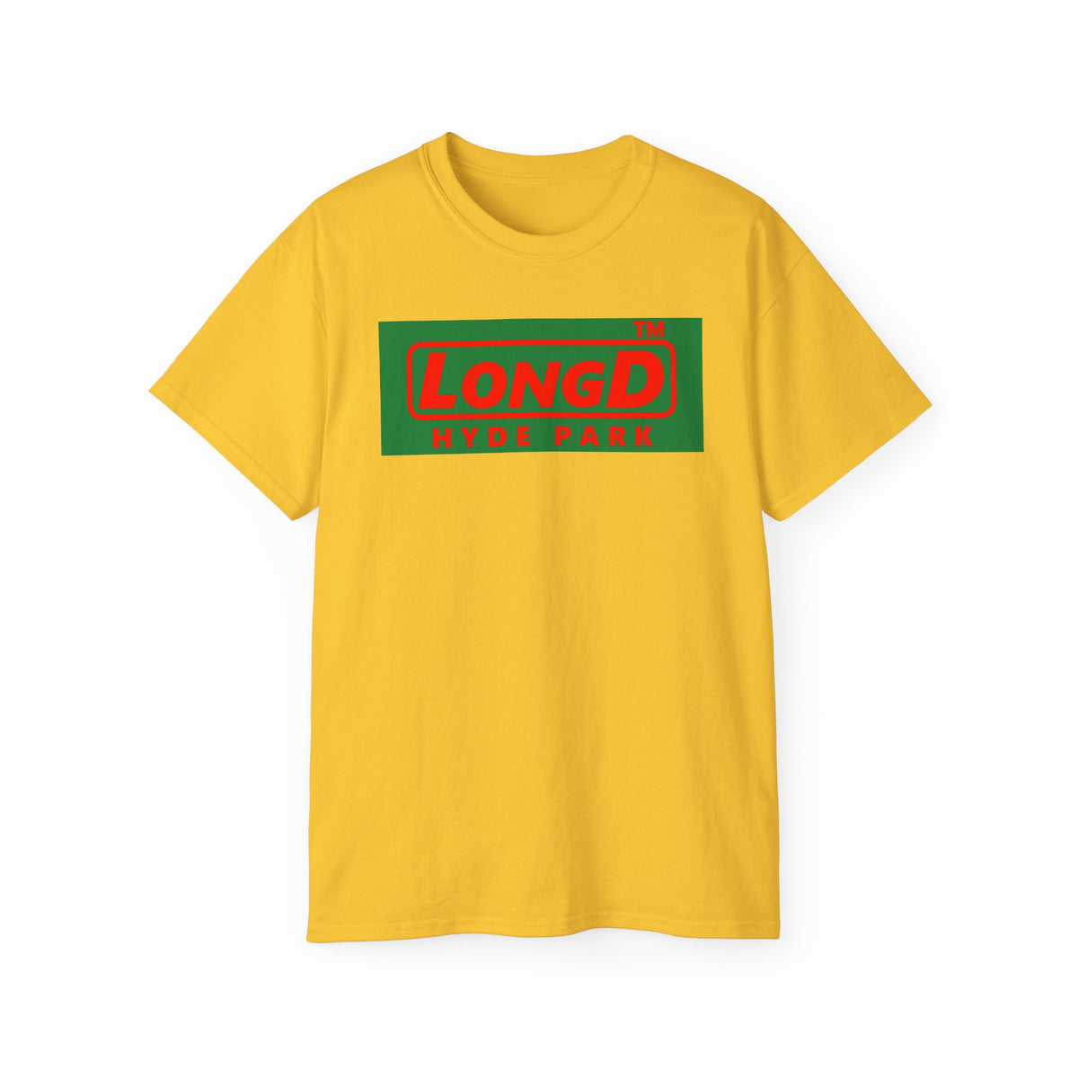 LongD Hyde Park logo positive red on negative green (Xmas colors) cotton tee