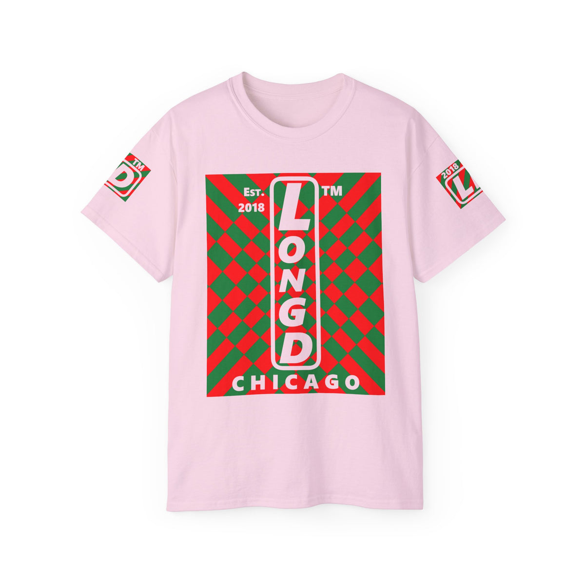 LongD Chicago negative upright stylized argyle 4-print logo (Xmas colors) cotton tee