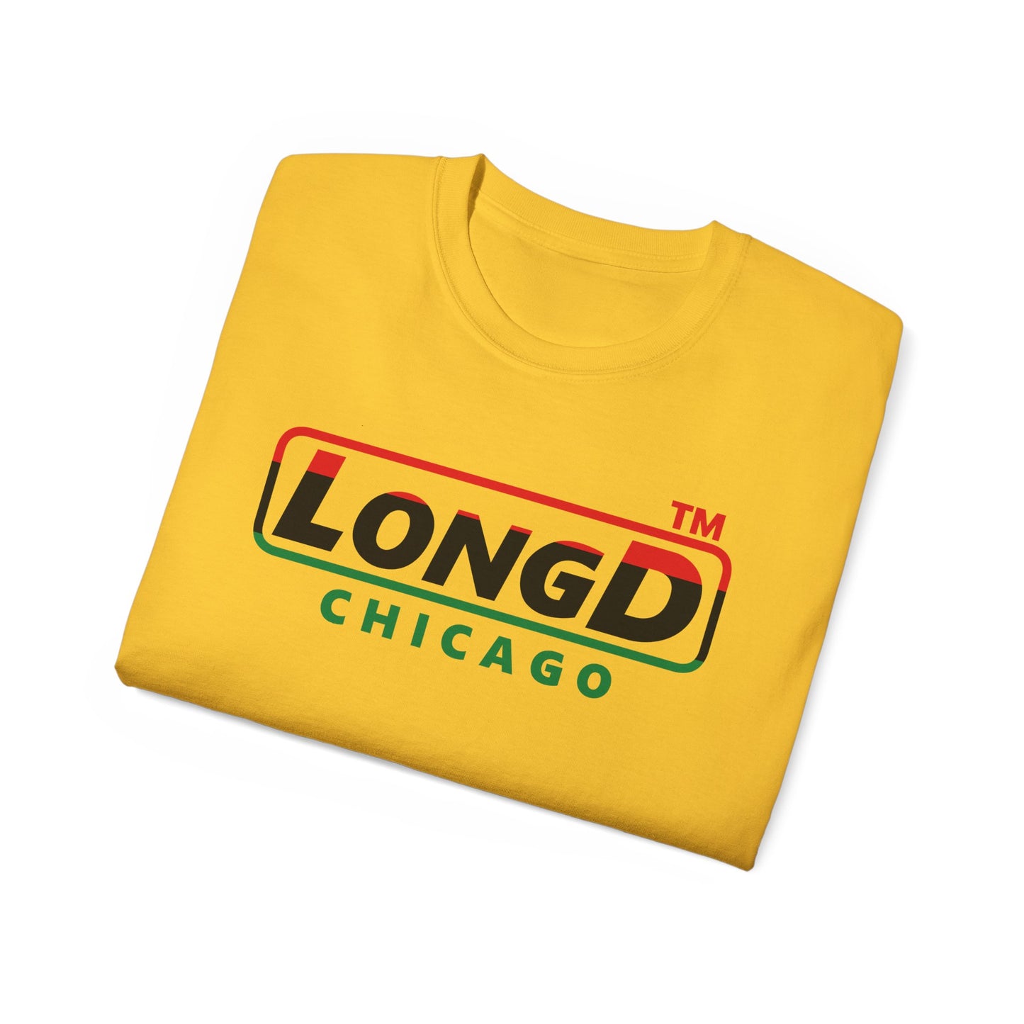 LongD positive horizontal 3-striped Chicago logo cotton tee (Juneteenth colors)