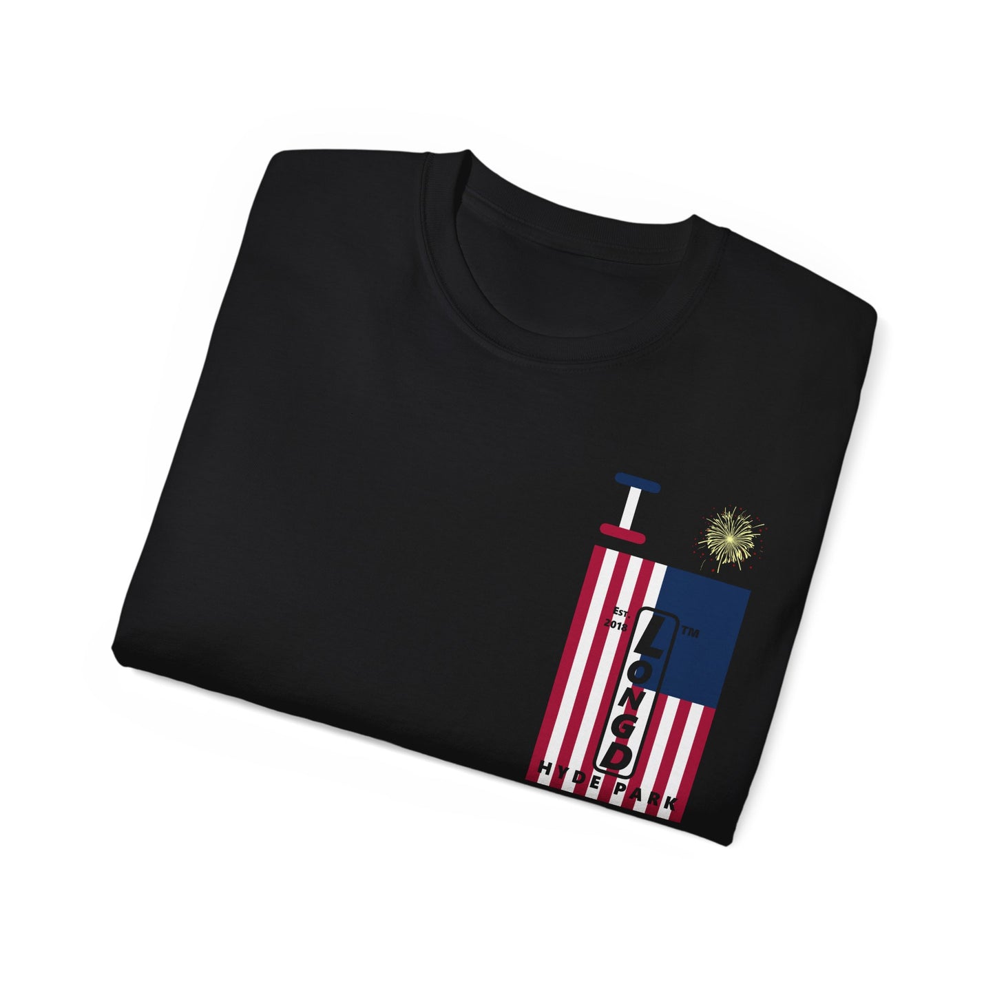 I Burst LongD cotton tee negative cropped flag single-breasted front-back Hyde Park upright logo (Patriotic colors)