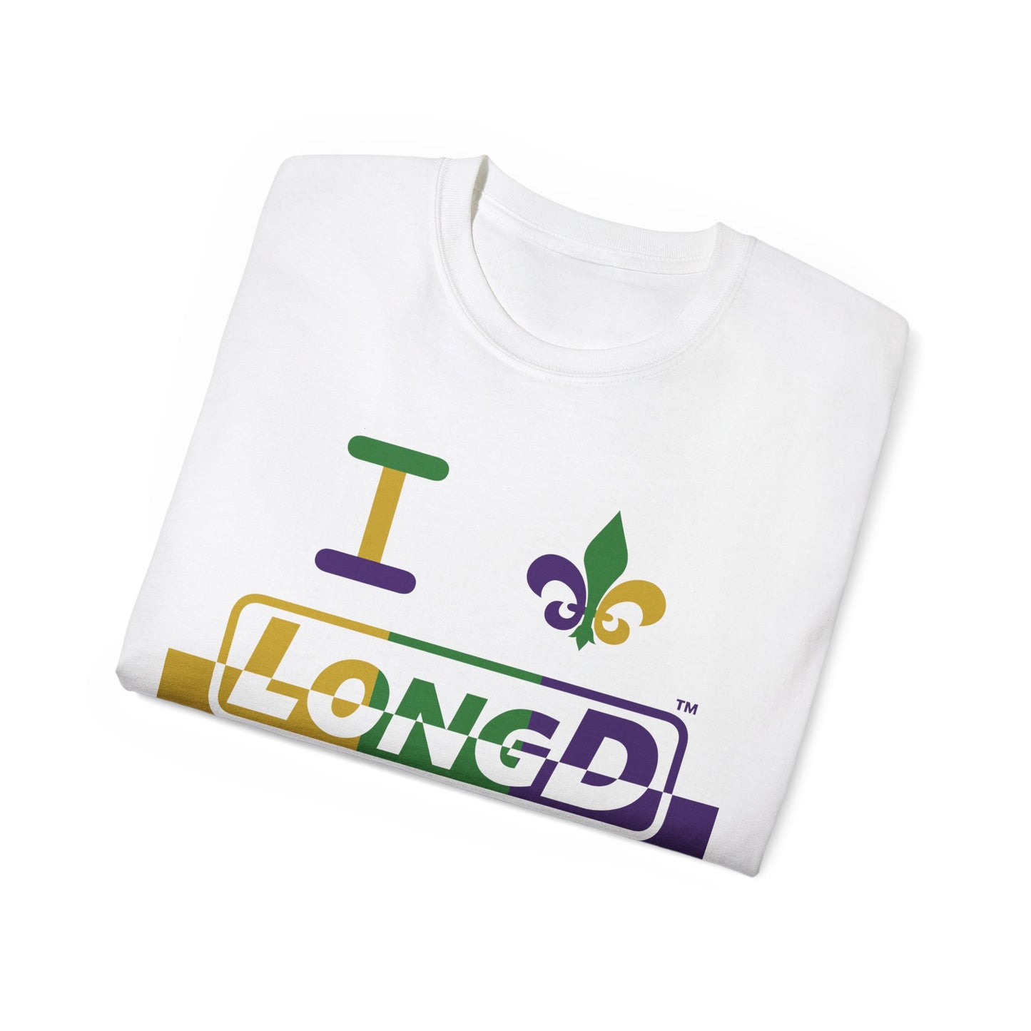 I Fleur LongD® Logo Cotton Tee (Mardi Gras colored text, positive top logo, negative bottom logo & black fleur de lis)
