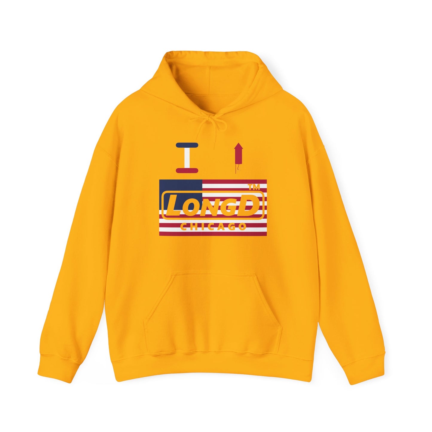 I firecracker LongD® negative flag front-back double breasted Chicago logo hoodie