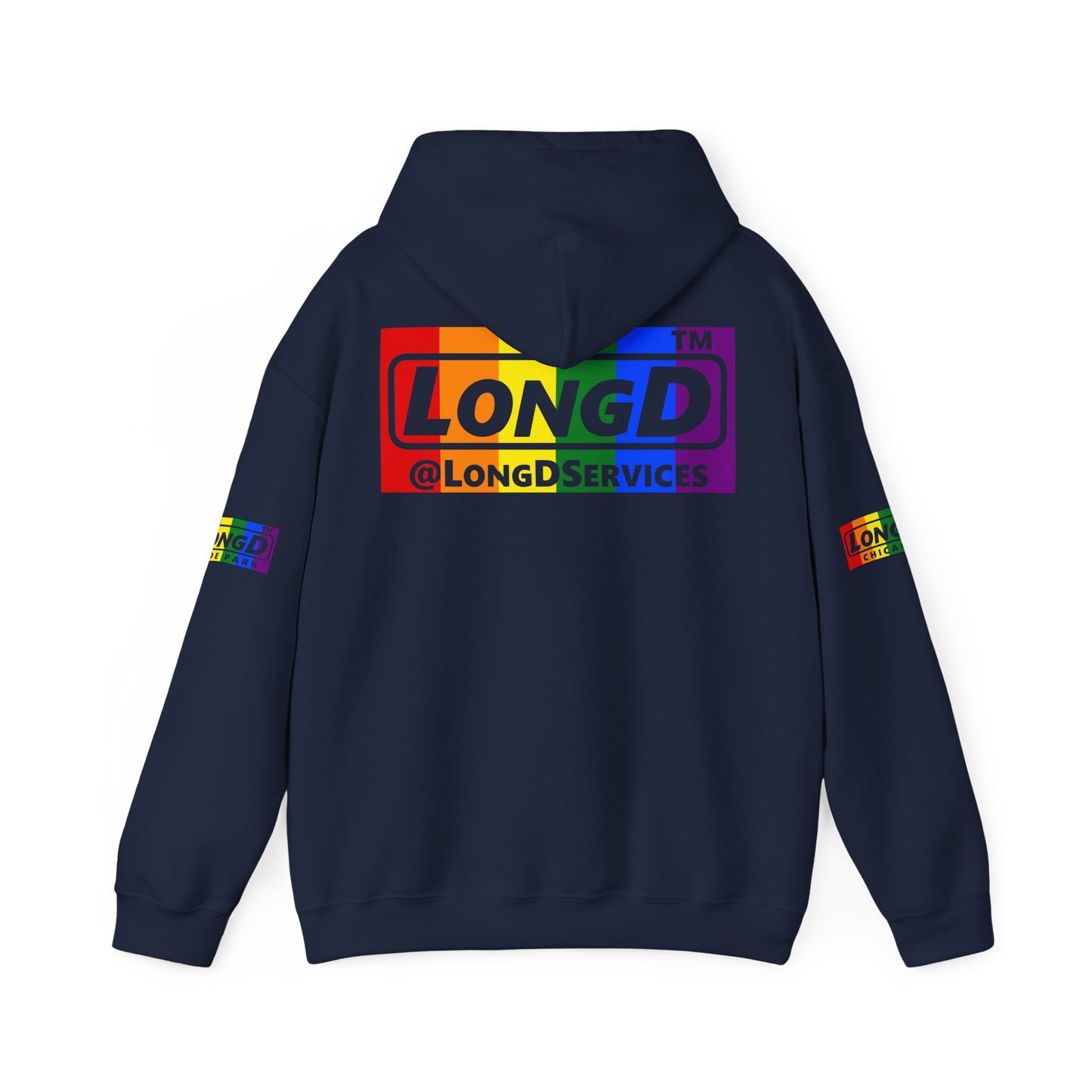 I Luv LongD® negative vertical striped 4-print Chicago logo hoodie (Pride colors)