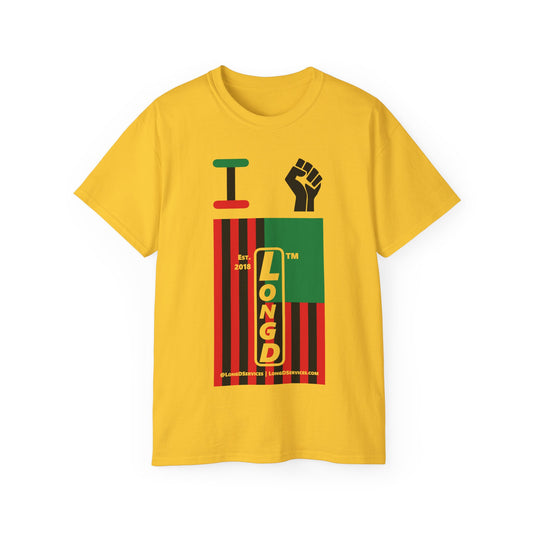 I fist LongD Cotton Tee negative flag tag-domain upright logo (Juneteenth colors)