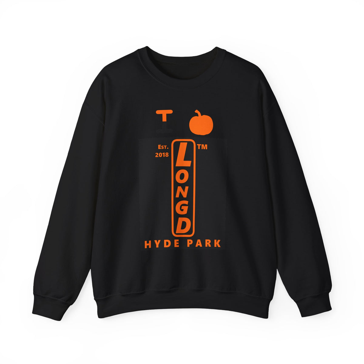 I pumpkin LongD Hyde Park upright logo positive orange on negative black crewneck sweatshirt