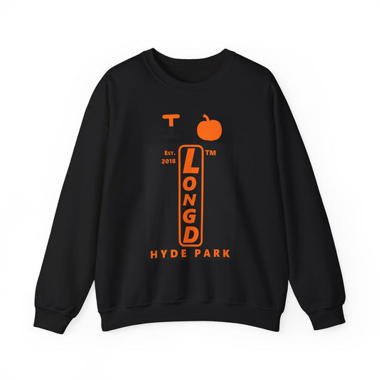 I pumpkin LongD Hyde Park upright logo positive orange on negative black crewneck sweatshirt