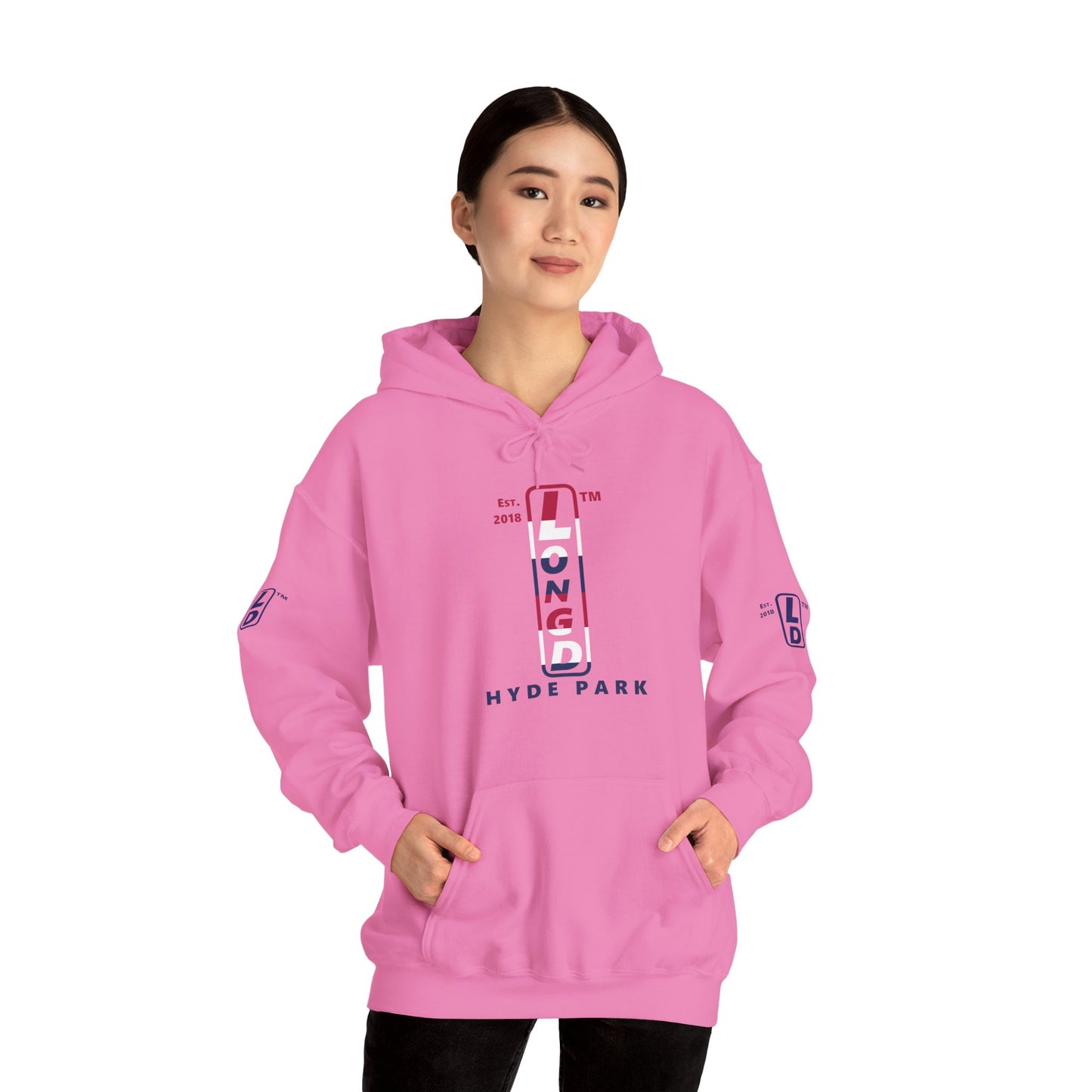 LongD® positive horizontal 6-striped Hyde Park 4-print upright logo hoodie (patriotic colors)