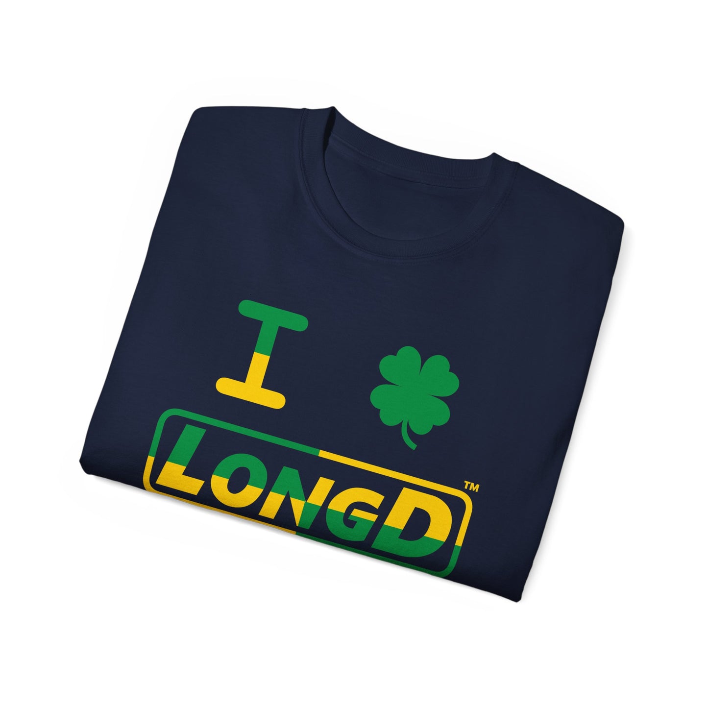 I Clover LongD® Logo Cotton Tee (St. Patrick's Day -Irish Green and Golden Yellow quarter split with 4-leaf clover)