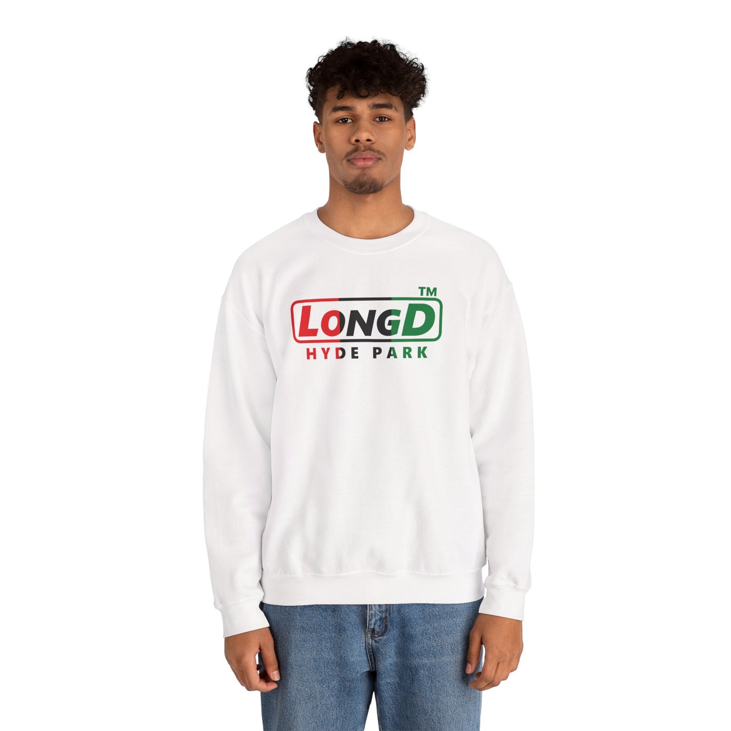 LongD positive vertical 3-striped Hyde Park logo crewneck sweatshirt (Juneteenth colors)