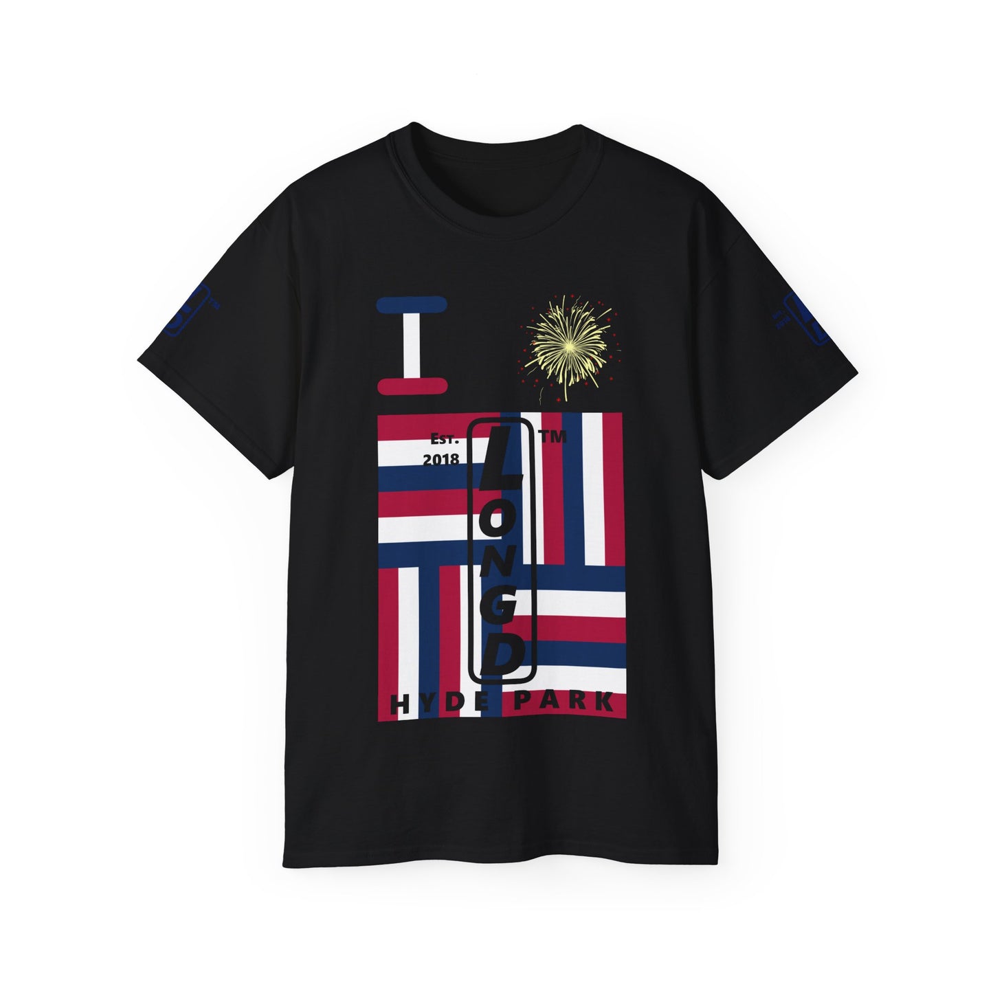 I Burst LongD cotton tee negative windmill 4-print Hyde Park upright logo (Patriotic colors)
