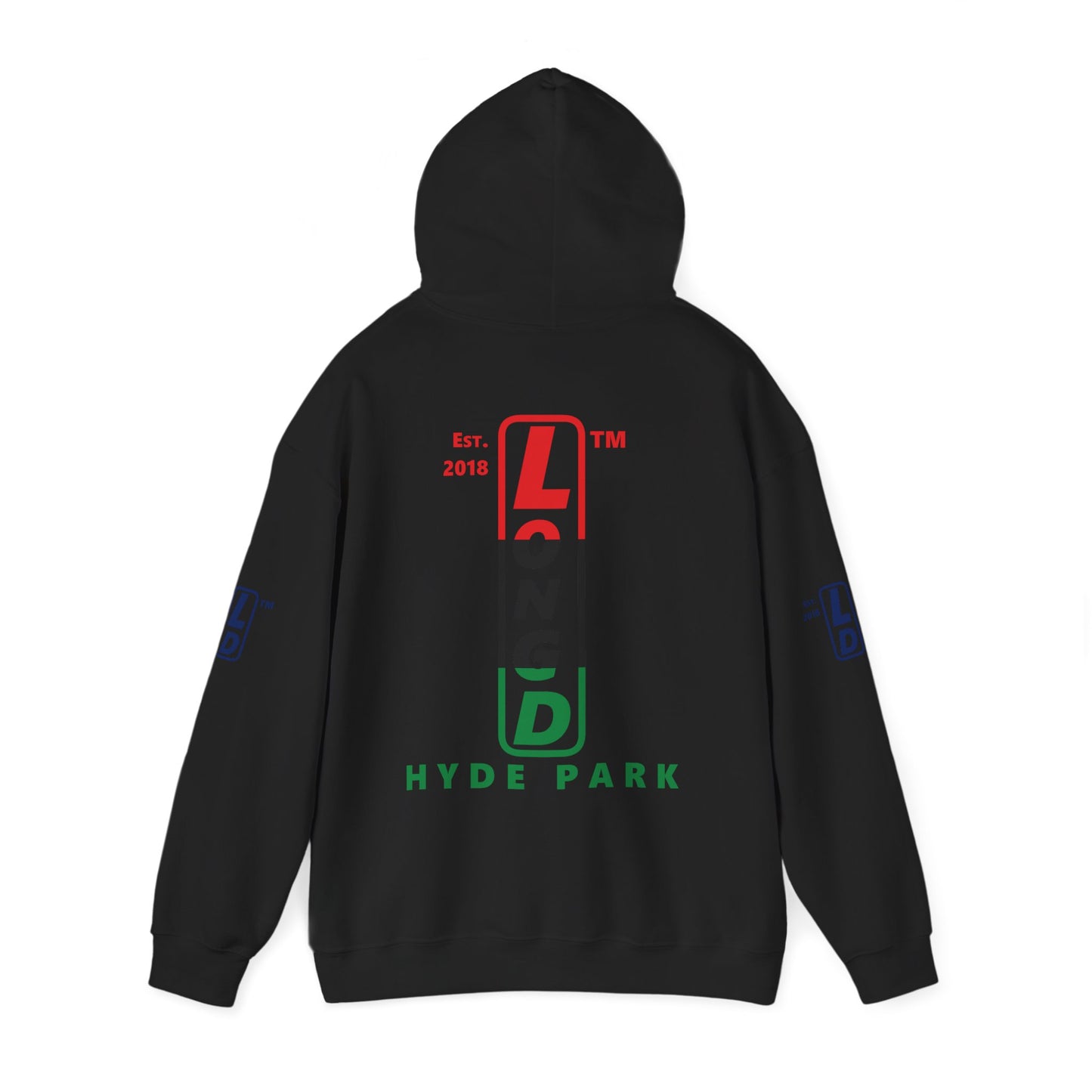 LongD® positive horizontal 3-striped Hyde Park 4-print upright logo hoodie (Juneteenth colors)
