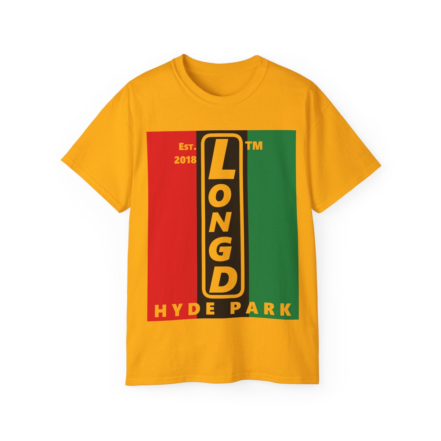 LongD Cotton Tee negative vertical striped Hyde Park upright logo (Juneteenth colors)
