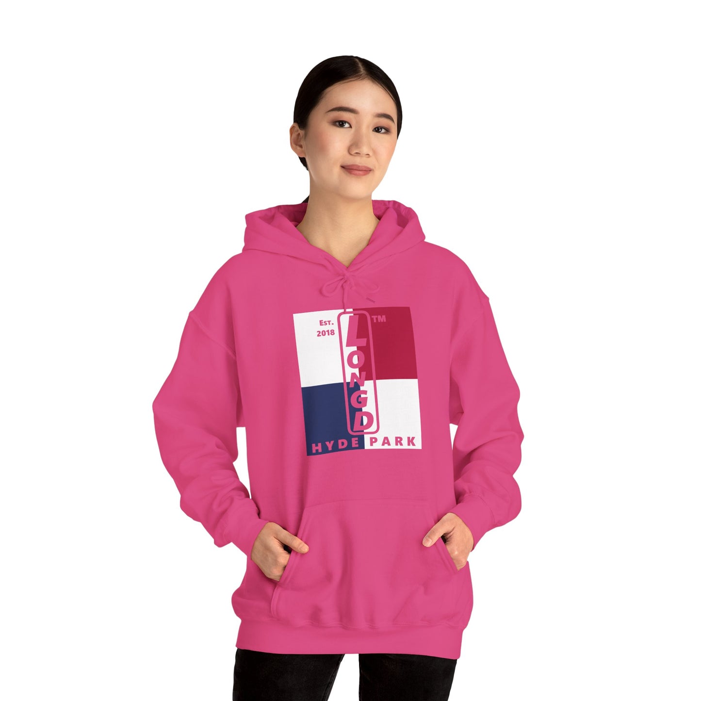 LongD® negative quarters upright Hyde Park logo hoodie (Patriotic colors)