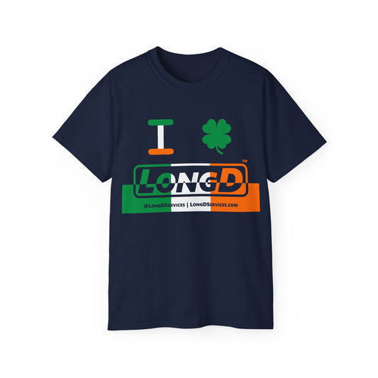 I Clover LongD® Logo Cotton Tee (St. Patrick's Day -Irish Green, White and Irish Orange thirds top-bottom positive-negative split with 4-leaf clover)