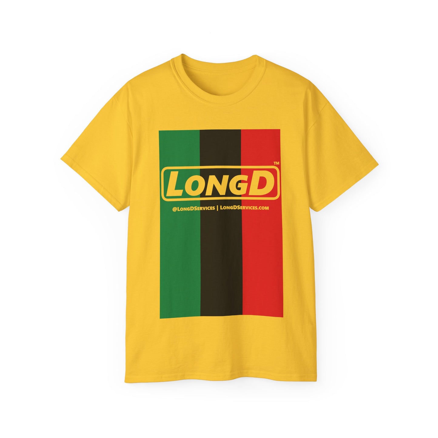 LongD® Logo Cotton Tee Juneteenth vertical Pan-African Flag negative text