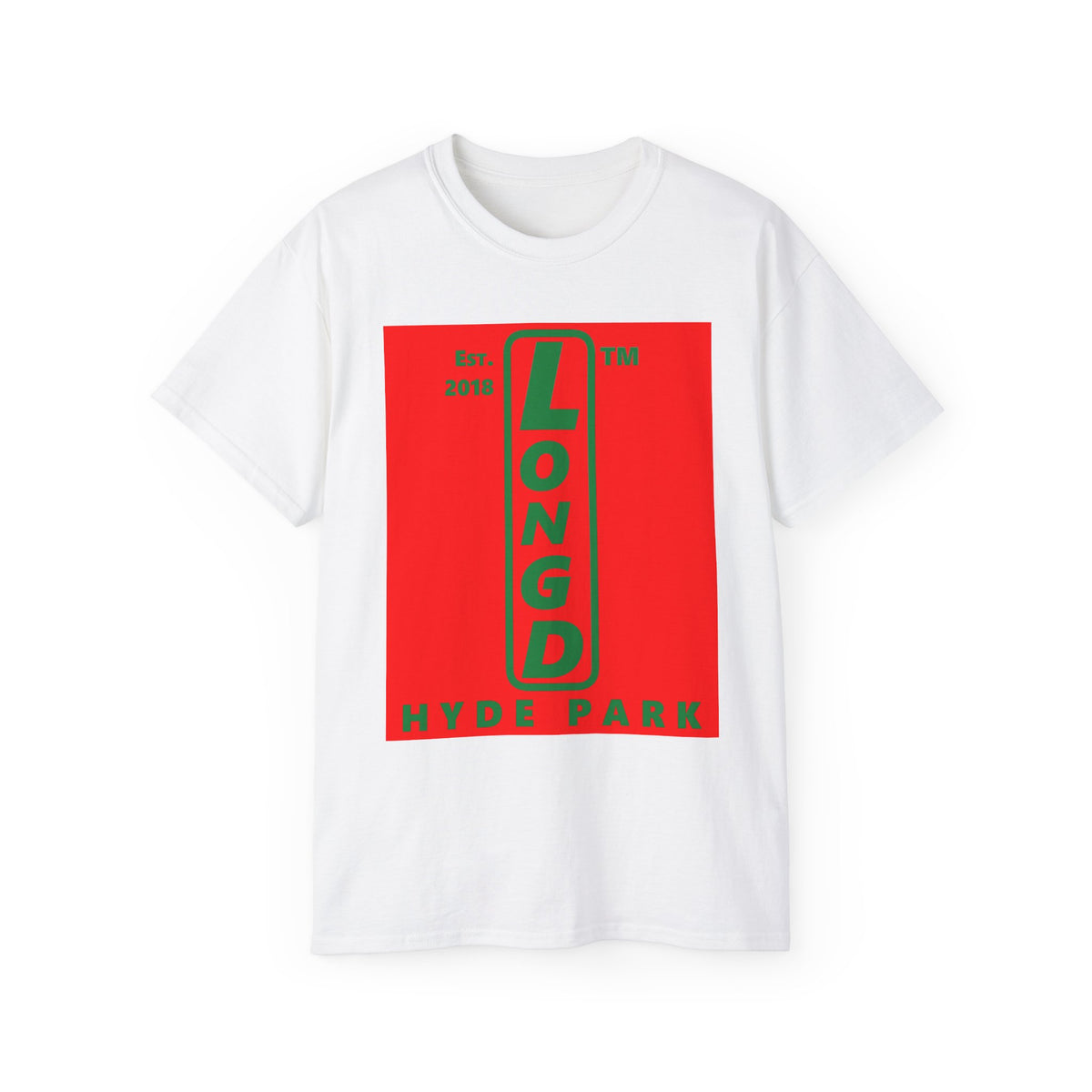 LongD Hyde Park upright logo positive green on negative red (Xmas colors) cotton tee