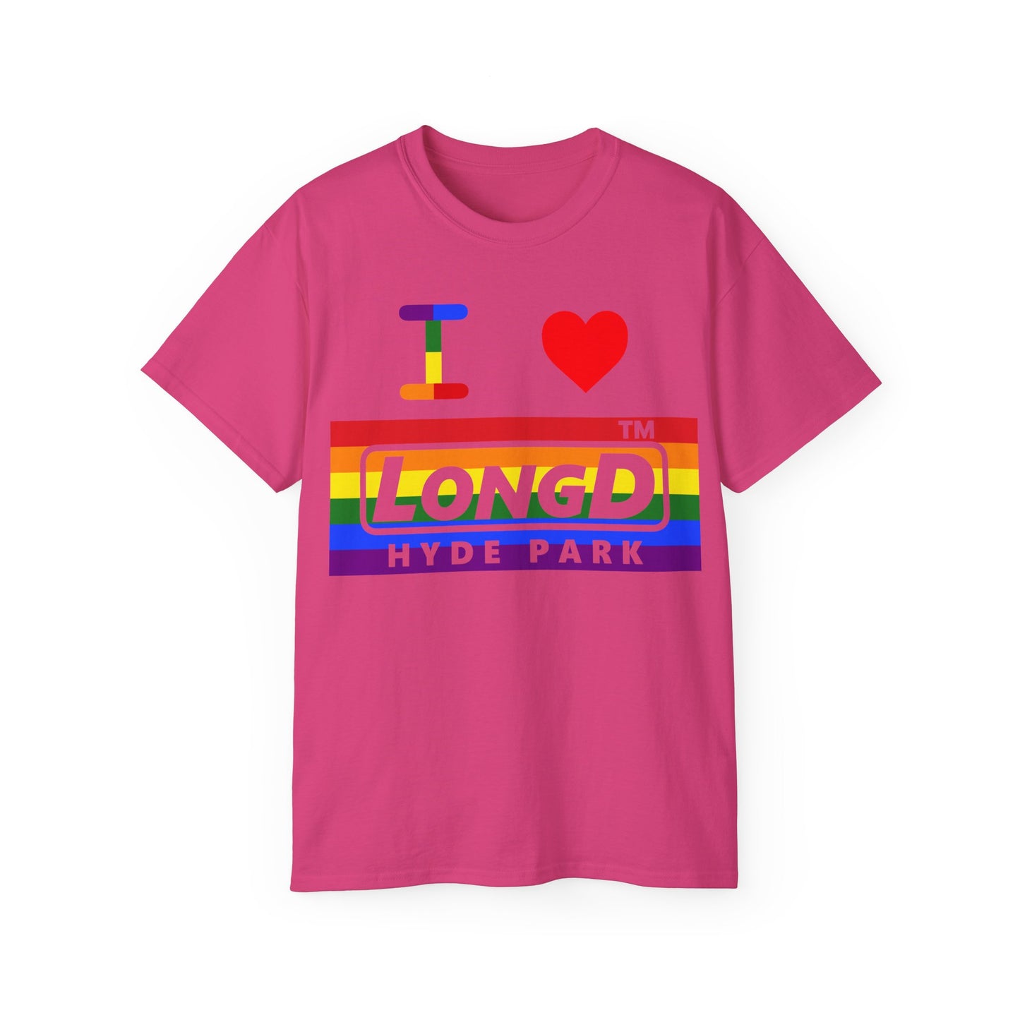 I Luv LongD negative horizontal striped front-back Hyde Park logo cotton tee (Pride colors)
