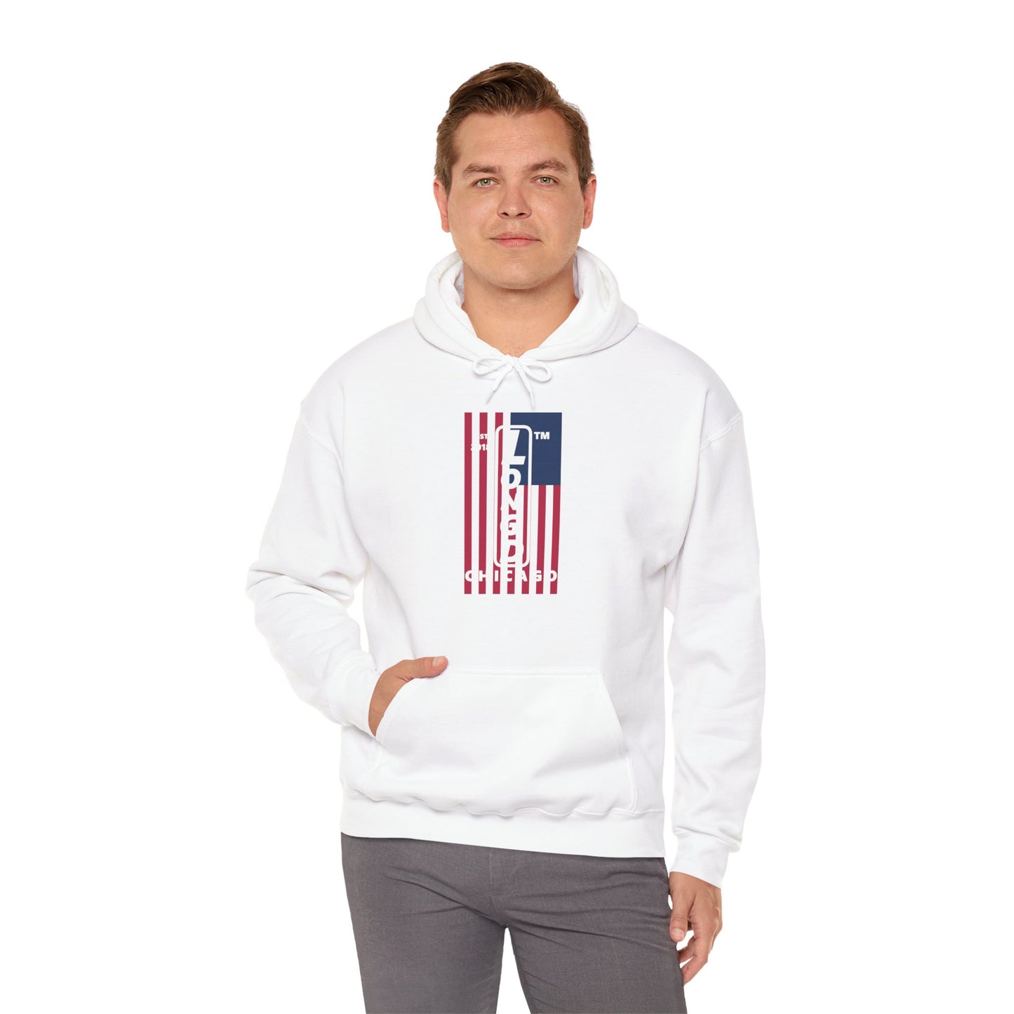 LongD® negative flag upright Chicago logo hoodie