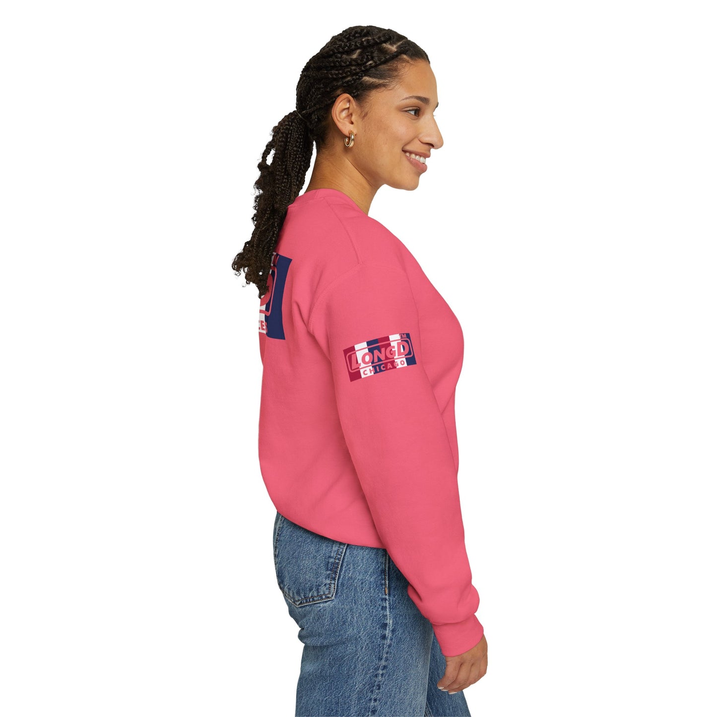 LongD negative vertical 6-striped 4-print single-breasted Hyde Park logo crewneck sweatshirt (patriotic colors)
