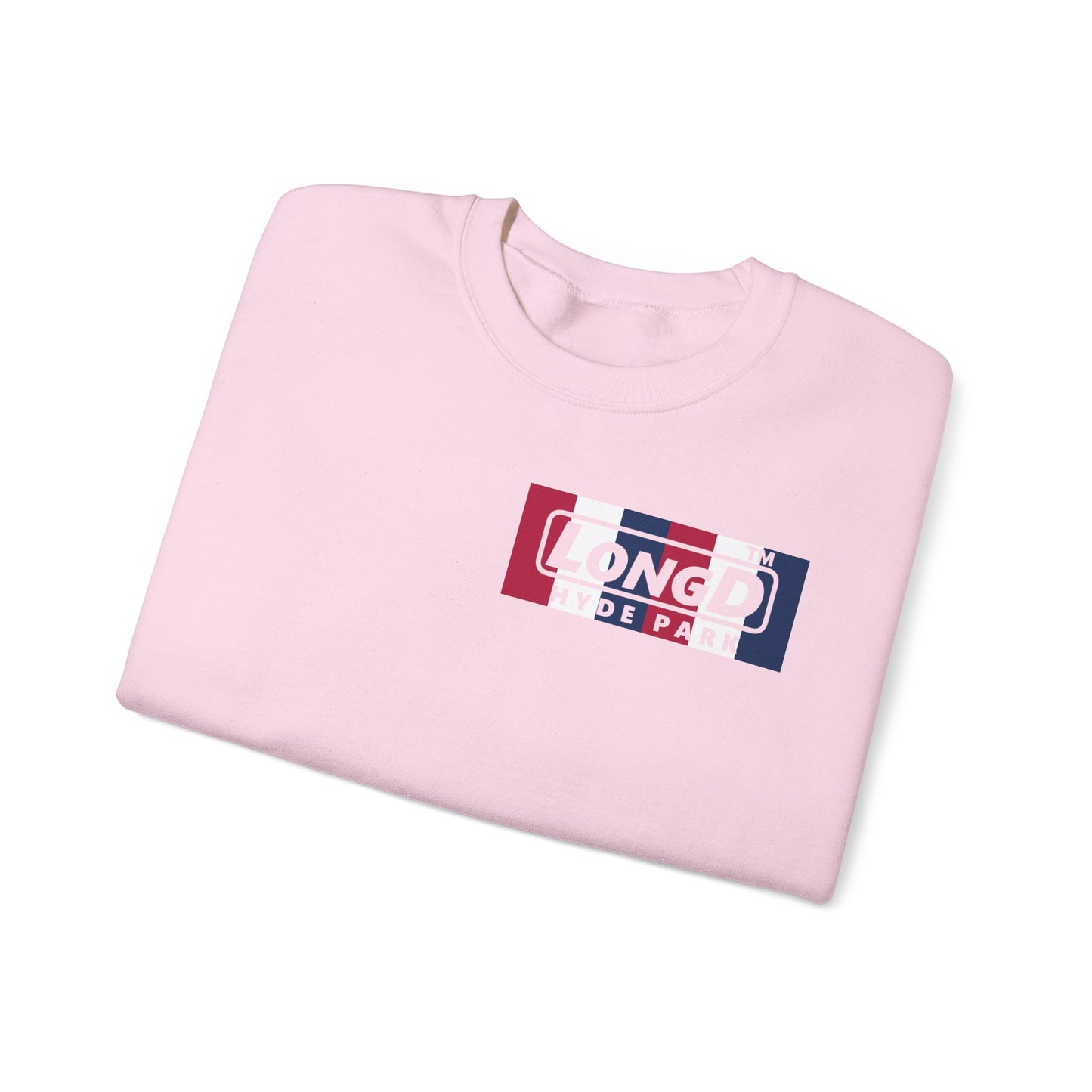 LongD negative vertical 6-striped 4-print single-breasted Hyde Park logo crewneck sweatshirt (patriotic colors)