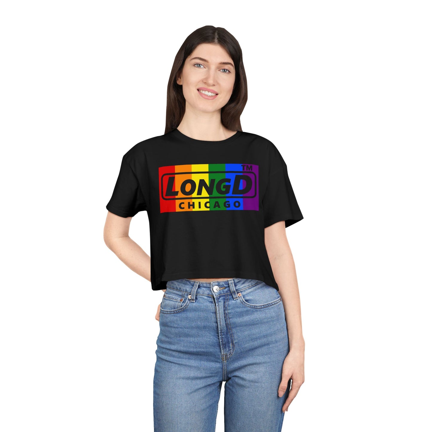 LongD negative vertical 6-striped Chicago logo crop tee (Pride colors)