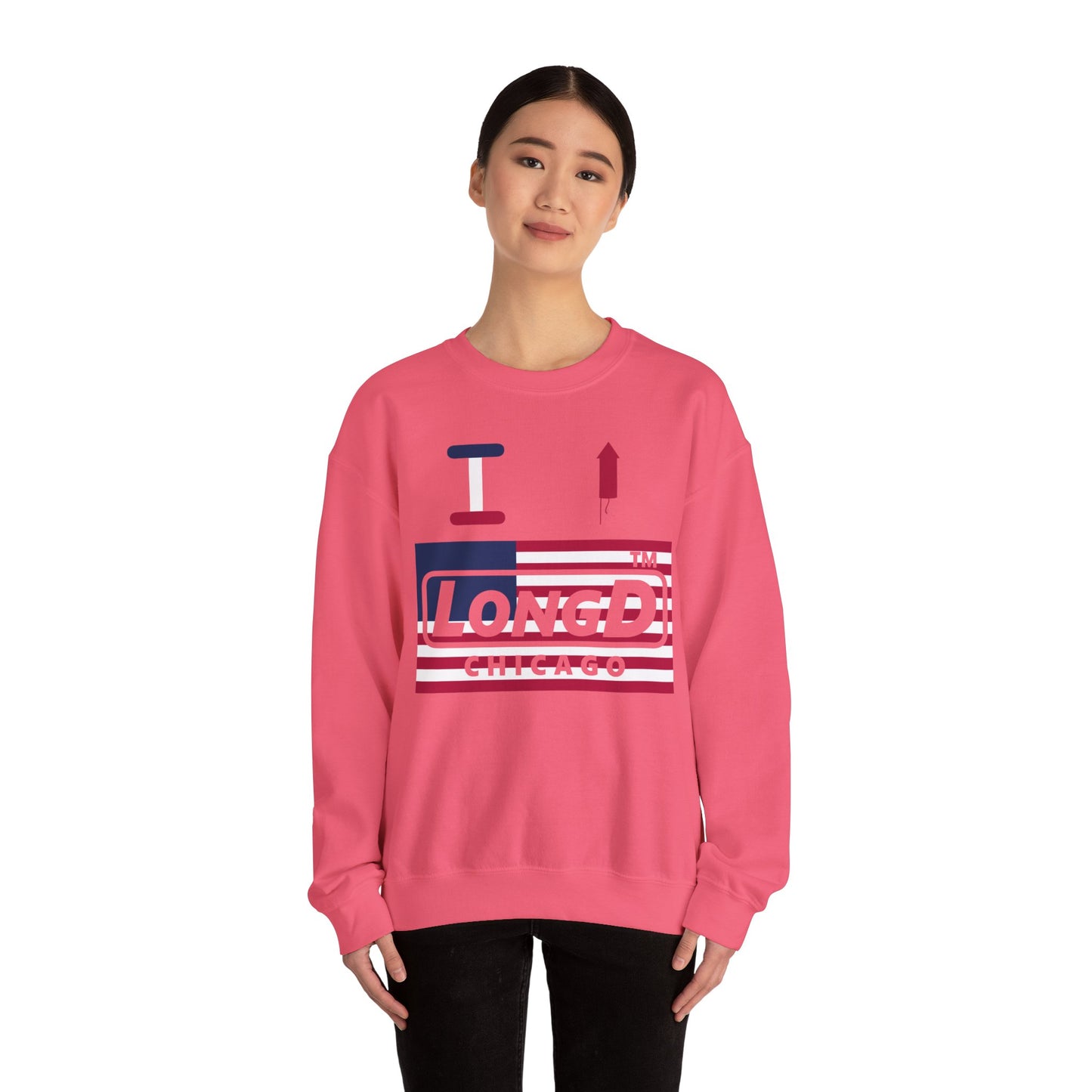 I firecracker LongD negative flag front-back Chicago logo crewneck sweatshirt