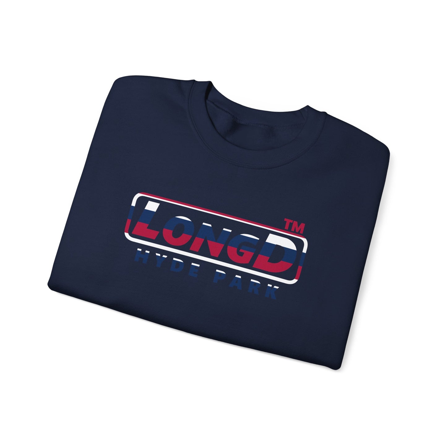 LongD positive horizontal 6-striped Hyde Park logo crewneck sweatshirt (patriotic colors)
