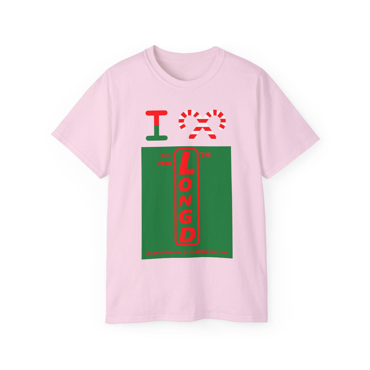 I candy cane LongD Tag-domain upright front-back logo positive red on negative green cotton tee