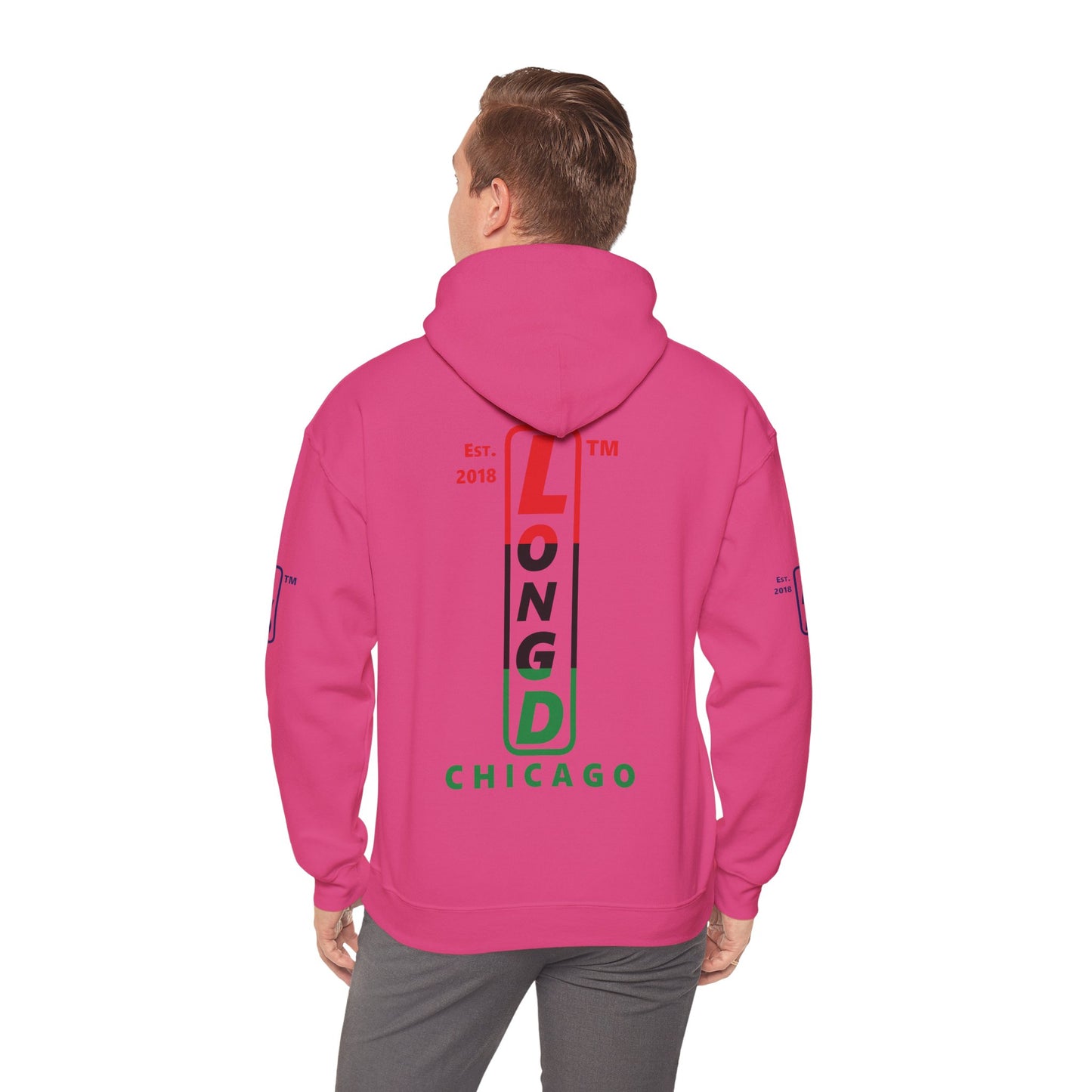 LongD® positive horizontal 3-striped Chicago 4-print upright logo hoodie (Juneteenth colors)