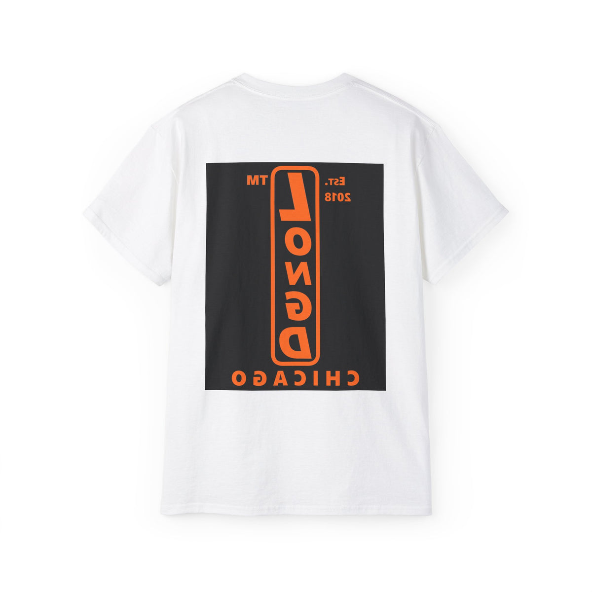 LongD Chicago upright front-back logo orange (FE7518) on Black (000000) cotton tee