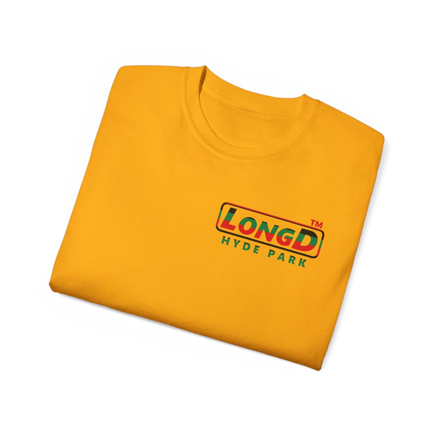 LongD positive horizontal 6-striped Hyde Park logo single-breasted front-back cotton tee (Juneteenth colors)