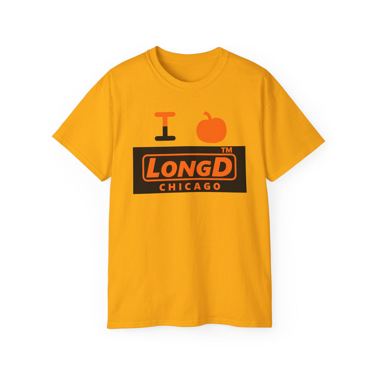 I pumpkin LongD Chicago logo positive orange on negative black cotton tee