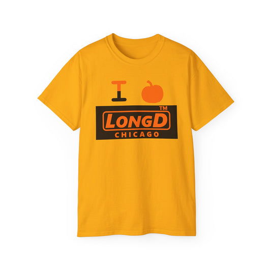 I pumpkin LongD Chicago logo positive orange on negative black cotton tee
