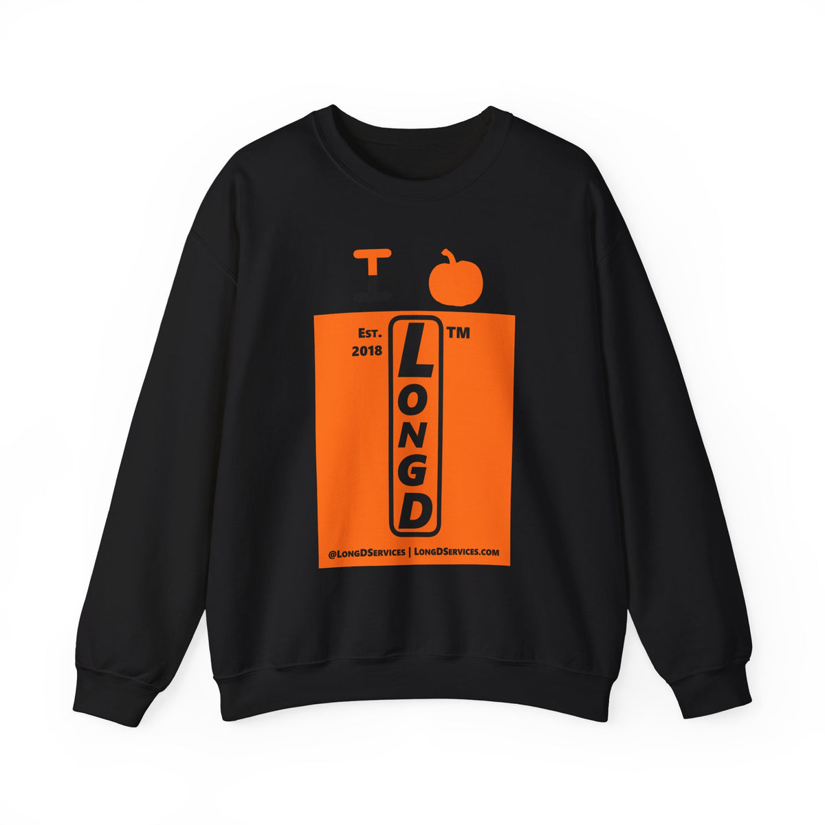I pumpkin LongD Tag-domain upright logo positive black on negative orange crewneck sweatshirt