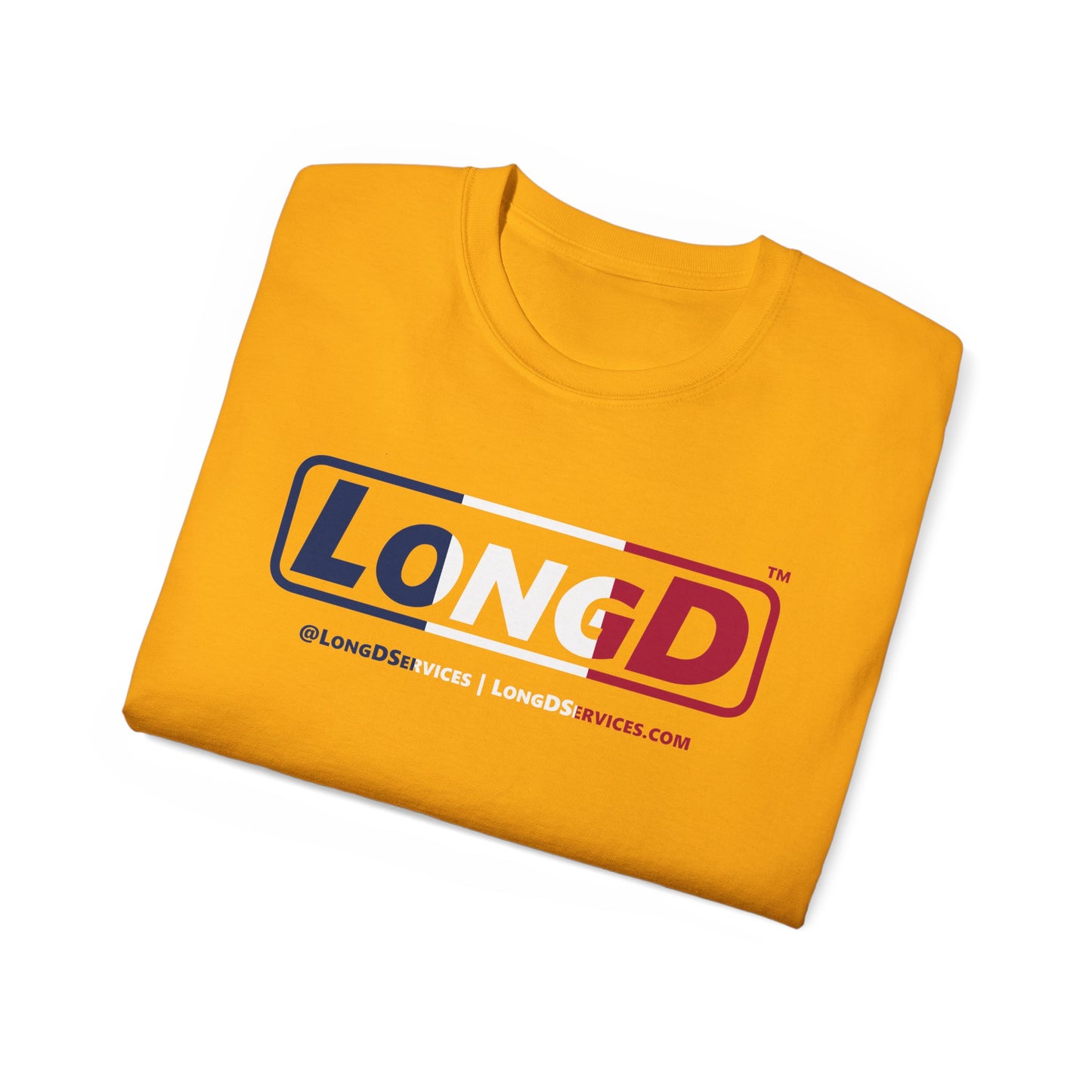 LongD® Logo Cotton Tee Blue, White and Red positive thirds text