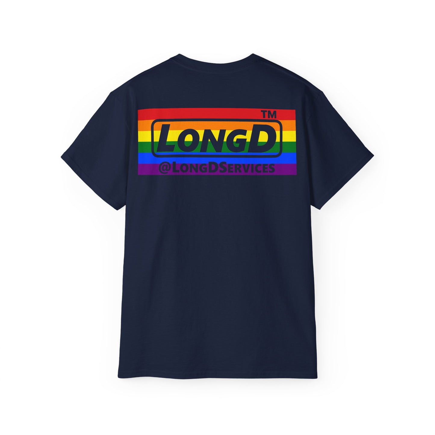 I Luv LongD negative horizontal striped front-back Hyde Park logo cotton tee (Pride colors)