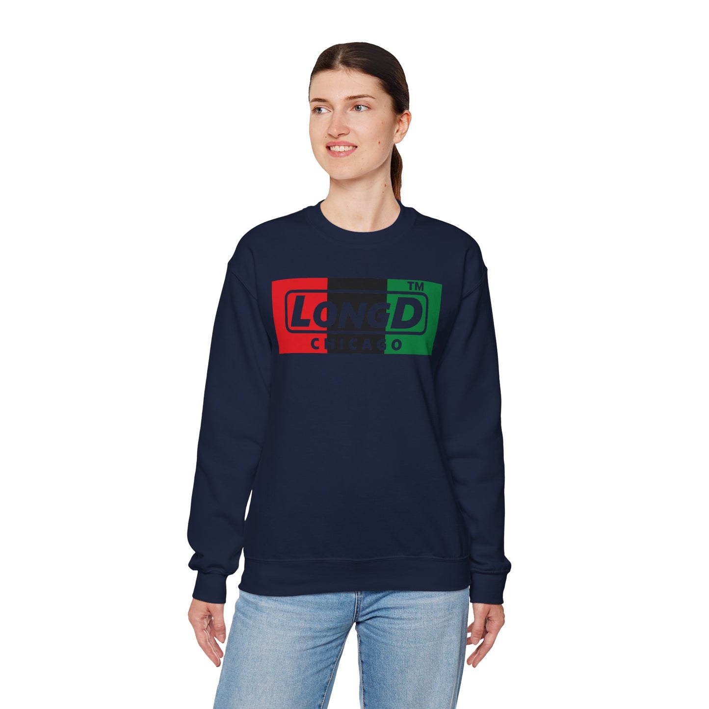 LongD negative vertical 3-striped Chicago logo crewneck sweatshirt (Juneteenth colors)