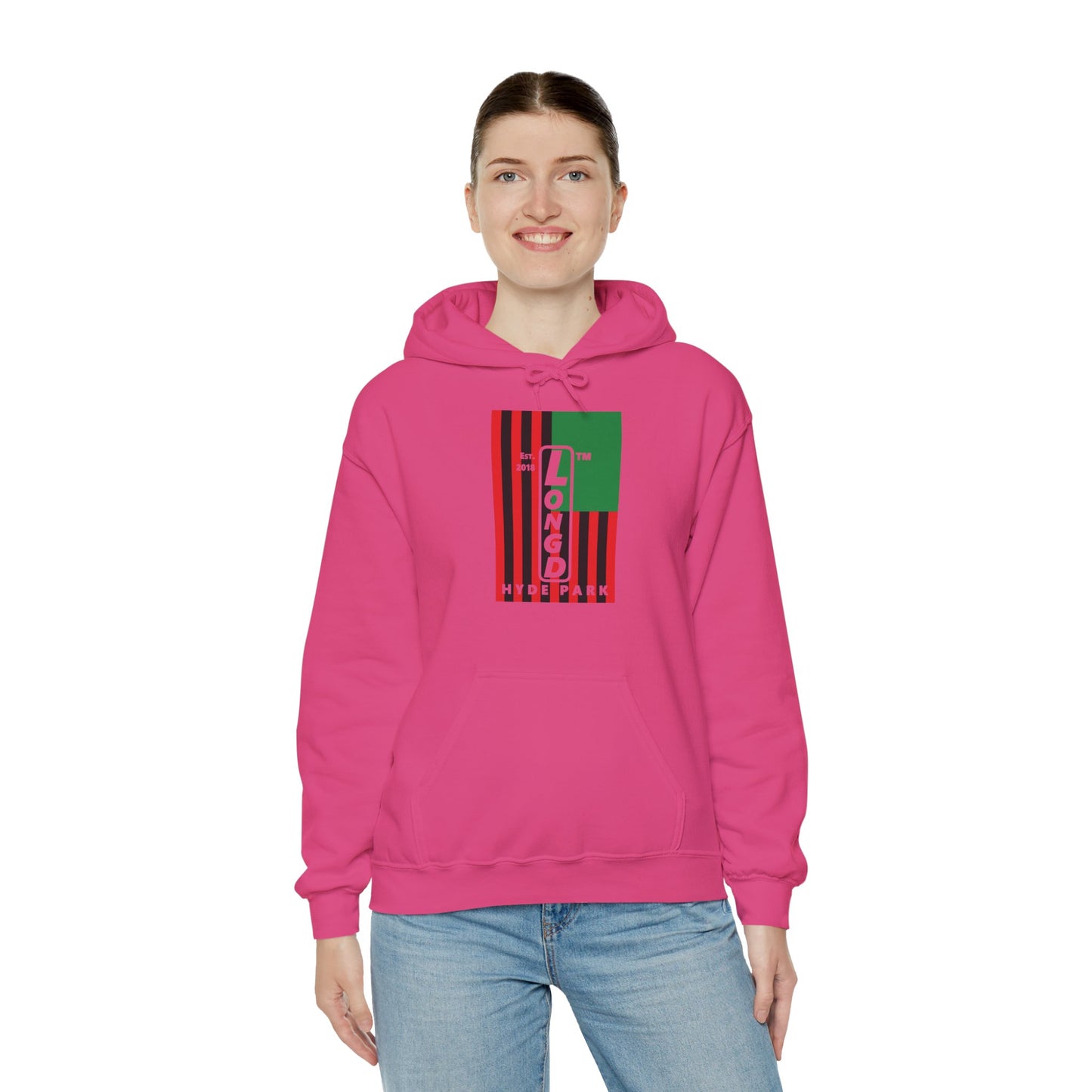 LongD® negative cropped flag upright Hyde Park logo hoodie (Juneteenth colors)