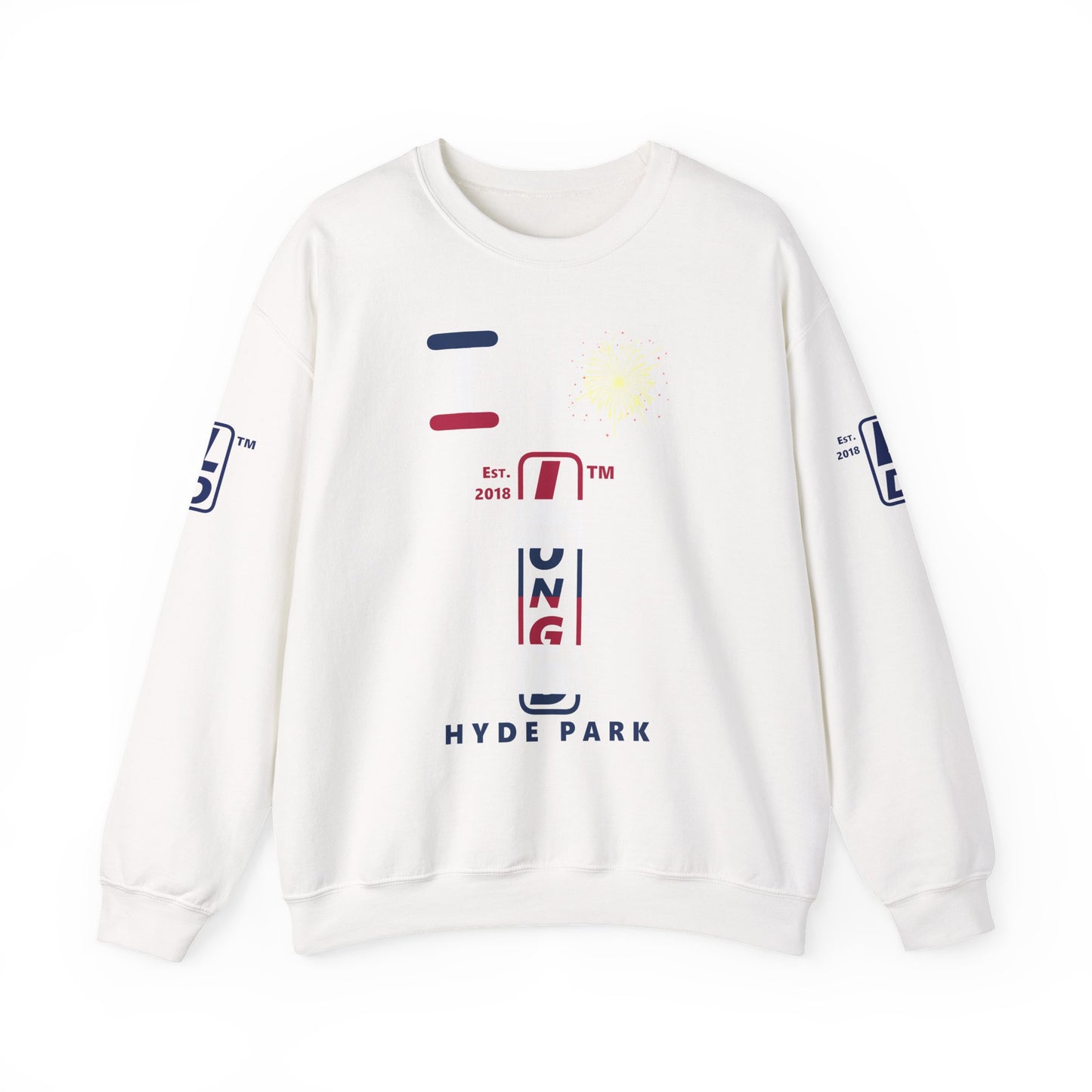 I Burst LongD positive horizontal 6-striped Hyde Park upright 4-print logo crewneck sweatshirt