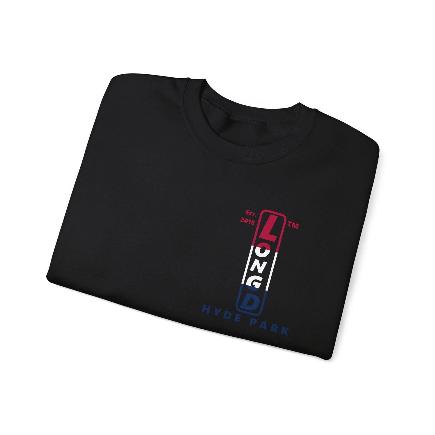 LongD positive horizontal 3-striped Hyde Park upright 4-print single-breasted logo crewneck sweatshirt (patriotic colors)